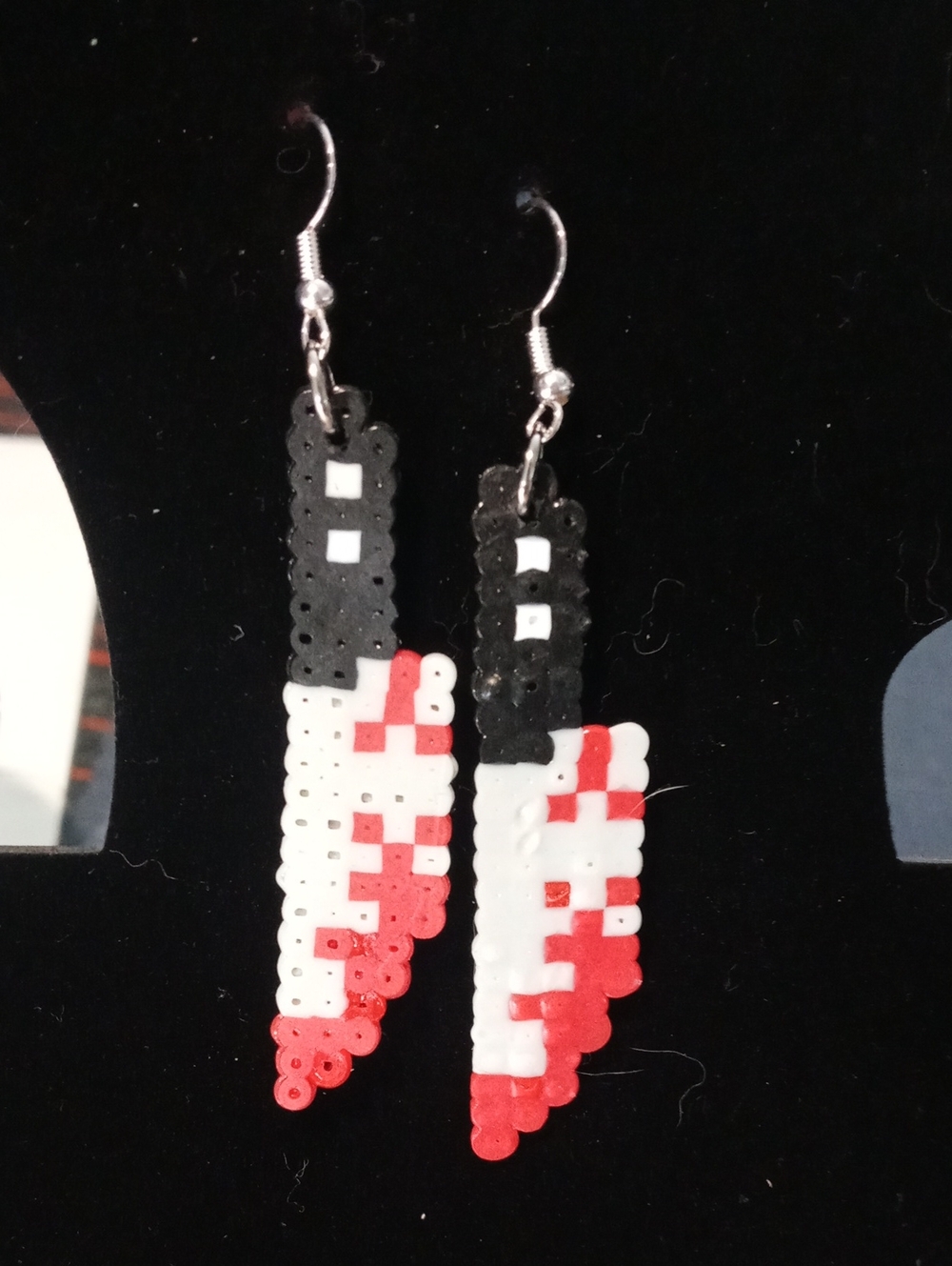 Handcrafted Red, White & Black Pixel-Style Drop Earrings
